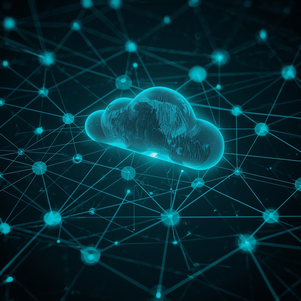 Abstract visualization of cloud computing network with glowing teal data nodes and interconnected fiber optic streams, dark background, holographic sphere in center, digital world map overlay, futuristic technology concept, no people